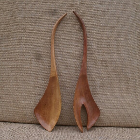 Vintage Berk Craft Wood Salad Serving Set Handmade in Haiti - Picture 11 of 16
